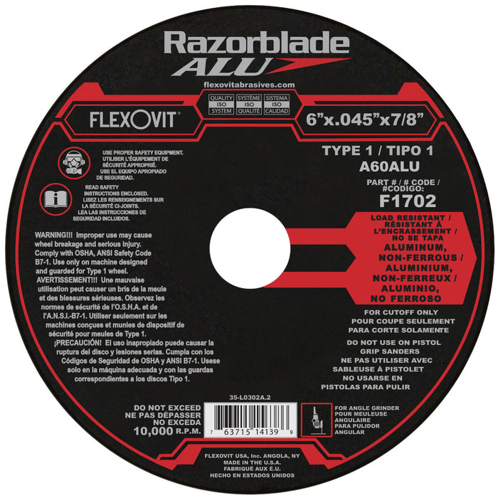 FLEXOVIT - 6" X .045" X 7/8" RAZORBLADE®ALU 60 GRIT ALUMINUM OXIDE GRAIN REINFORCED TYPE 1 THIN CUT-OFF WHEEL - F1702