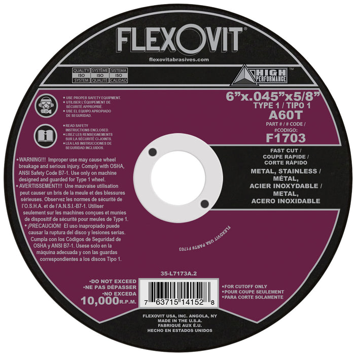 FLEXOVIT - 6" X .045" X 5/8" HIGH PERFORMANCE™ 60 GRIT ALUMINUM OXIDE GRAIN REINFORCED TYPE 1 CUT-OFF WHEEL - F1703