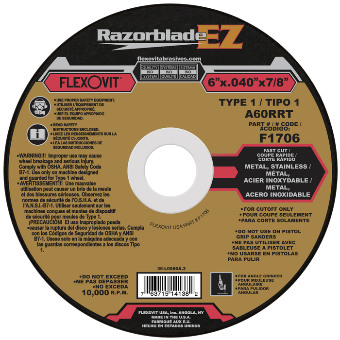 FLEXOVIT - 6" X .040" X 7/8" RAZORBLADE® 60 GRIT ALUMINUM OXIDE GRAIN REINFORCED TYPE 1 THIN CUT-OFF WHEEL - F1706