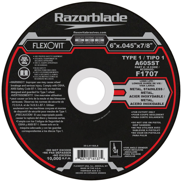 FLEXOVIT - 6" X .045" X 7/8" RAZORBLADE® 60 GRIT ALUMINUM OXIDE GRAIN REINFORCED TYPE 1 THIN CUT-OFF WHEEL - F1707