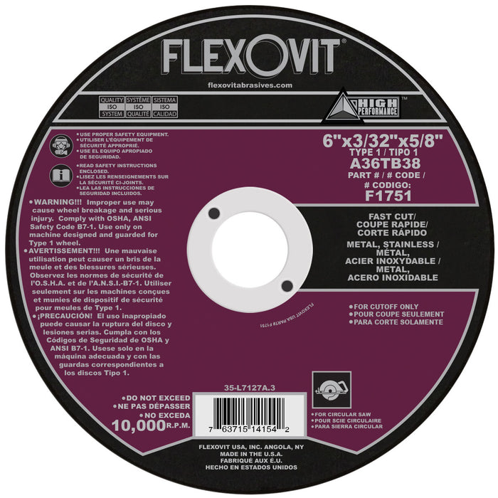 FLEXOVIT - 6" X 3/32" X 5/8" HIGH PERFORMANCE™ METAL 36 GRIT ALUMINUM OXIDE GRAIN REINFORCED TYPE 1 CUT-OFF WHEEL - F1751