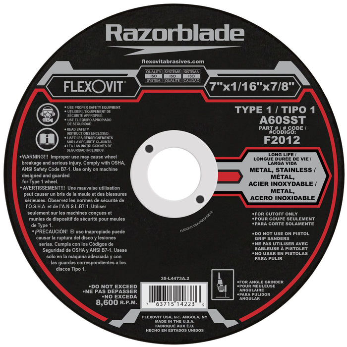 FLEXOVIT - 7" X 1/16" X 7/8" RAZORBLADE® 60 GRIT ALUMINUM OXIDE GRAIN REINFORCED TYPE 1 THIN CUT-OFF WHEEL - F2012