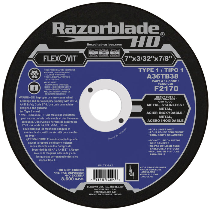 FLEXOVIT - 7" X 3/32" X 7/8" RAZORBLADE®HD 36 GRIT ALUMINUM OXIDE GRAIN REINFORCED TYPE 1 THIN CUT-OFF WHEEL - F2170