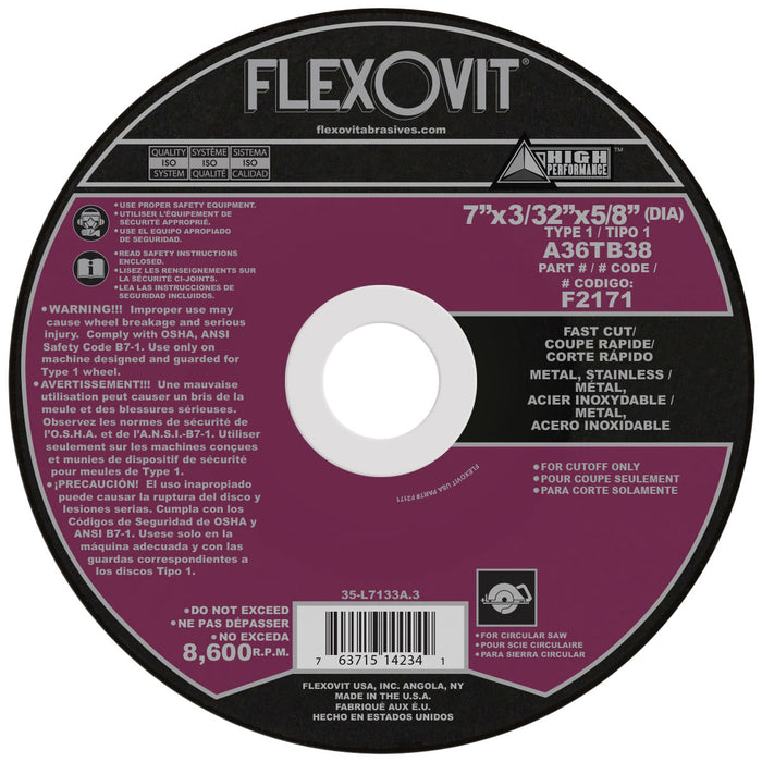 FLEXOVIT - 7" X 3/32" X 5/8" (DIA) HIGH PERFORMANCE™ METAL 36 GRIT ALUMINUM OXIDE GRAIN REINFORCED TYPE 1 CUT-OFF WHEEL - F2171