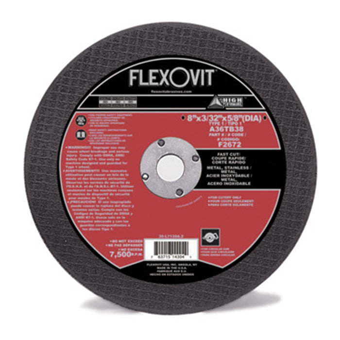 FLEXOVIT - 8" X 3/32" X 5/8" (DIA) HIGH PERFORMANCE™ METAL 36 GRIT ALUMINUM OXIDE GRAIN REINFORCED TYPE 1 CUT-OFF WHEEL - F2672