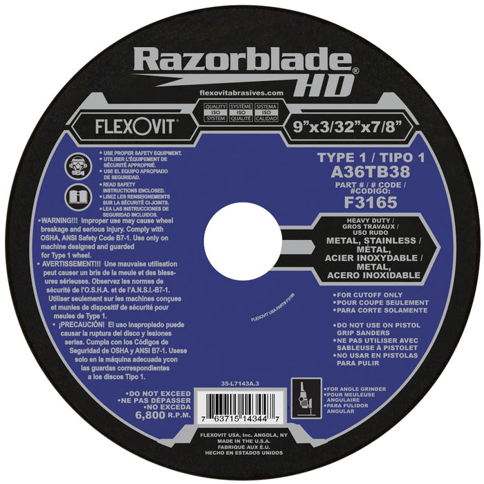 FLEXOVIT - 9" X 3/32" X 7/8" RAZORBLADE®HD 36 GRIT ALUMINUM OXIDE GRAIN REINFORCED TYPE 1 THIN CUT-OFF WHEEL - F3165