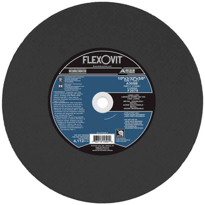 FLEXOVIT - 10" X 3/32" X 5/8" HIGH PERFORMANCE™ 30 GRIT ALUMINUM OXIDE GRAIN REINFORCED TYPE 1 CUT-OFF WHEEL - F3579