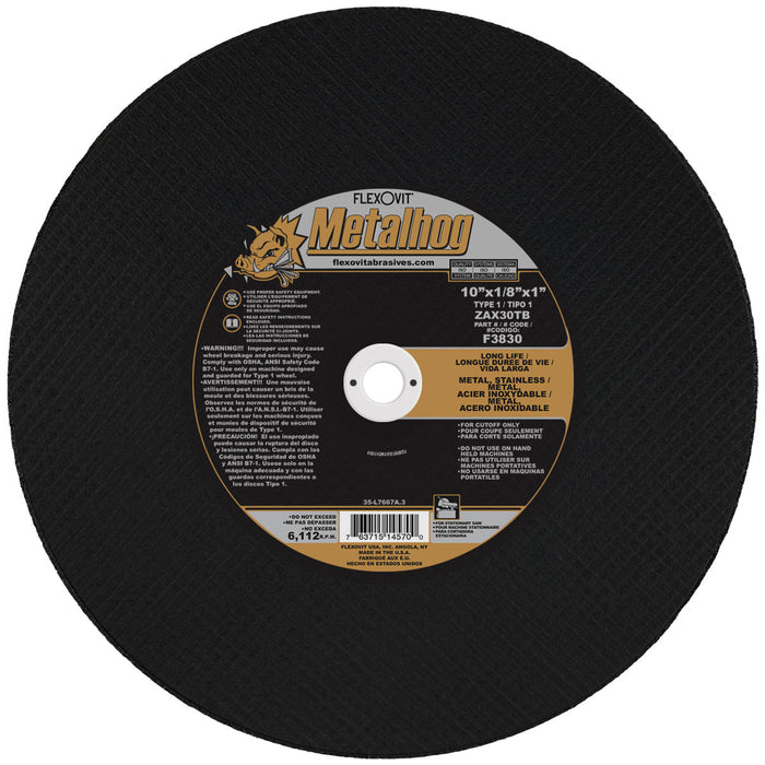 FLEXOVIT - 10" X 1/8" X 1" METALHOG™ 30 GRIT PREMIUM BLEND GRAIN REINFORCED TYPE 1 CUT-OFF WHEEL - F3830