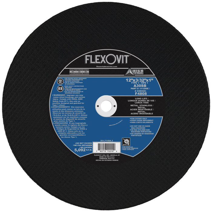 FLEXOVIT - 12" X 3/32" X 1" HIGH PERFORMANCE™ 30 GRIT ALUMINUM OXIDE GRAIN REINFORCED TYPE 1 CUT-OFF WHEEL - F4808