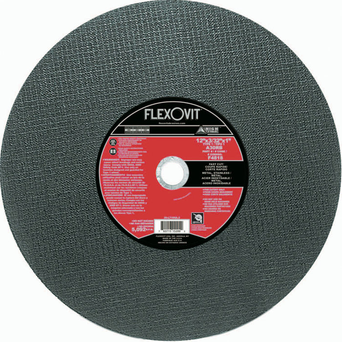 FLEXOVIT - 12" X 3/32" X 1" HIGH PERFORMANCE™ 30 GRIT ALUMINUM OXIDE GRAIN REINFORCED TYPE 1 CUT-OFF WHEEL - F4818