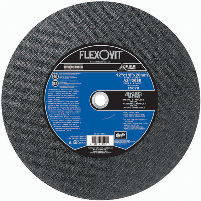FLEXOVIT - 12" X 1/8" X 20 MM HIGH PERFORMANCE™ 24- GRIT ALUMINUM OXIDE GRAIN REINFORCED TYPE 1 CUT-OFF WHEEL - F5078
