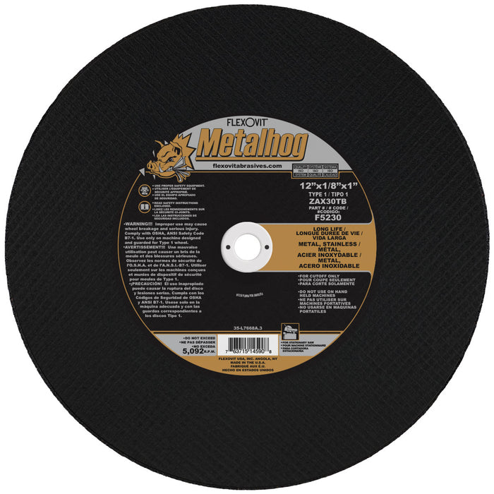 FLEXOVIT - 12" X 1/8" X 1" METALHOG™ 30 GRIT PREMIUM BLEND GRAIN REINFORCED TYPE 1 CUT-OFF WHEEL - F5230