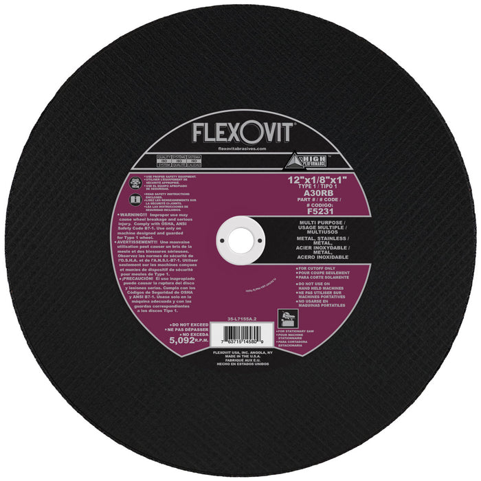 FLEXOVIT - 12" X 1/8" X 1" HIGH PERFORMANCE™ 30 GRIT ALUMINUM OXIDE GRAIN REINFORCED TYPE 1 CUT-OFF WHEEL - F5231