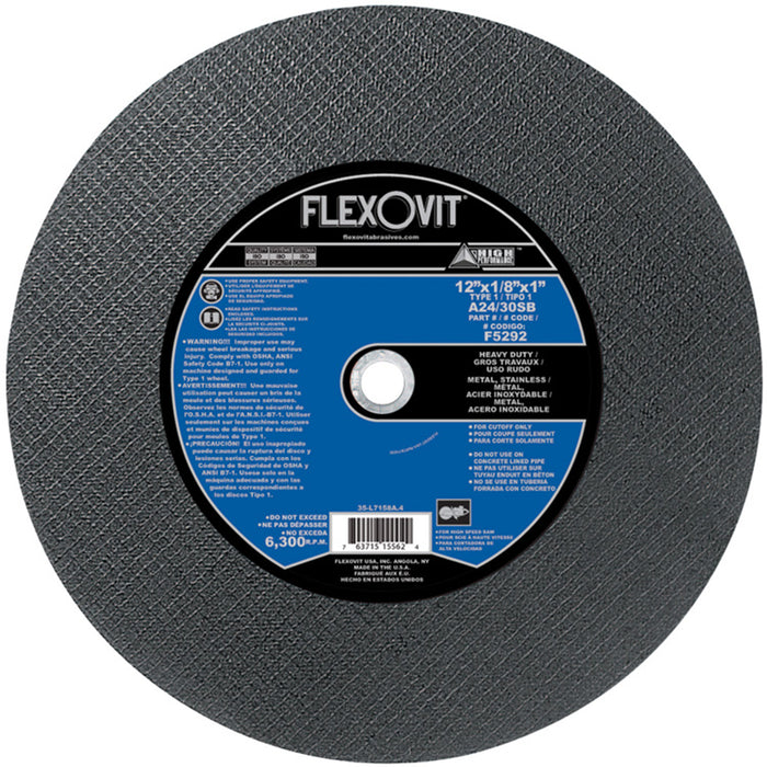 FLEXOVIT - 12" X 1/8" X 1" HIGH PERFORMANCE™ 24- GRIT ALUMINUM OXIDE GRAIN REINFORCED TYPE 1 CUT-OFF WHEEL - F5292