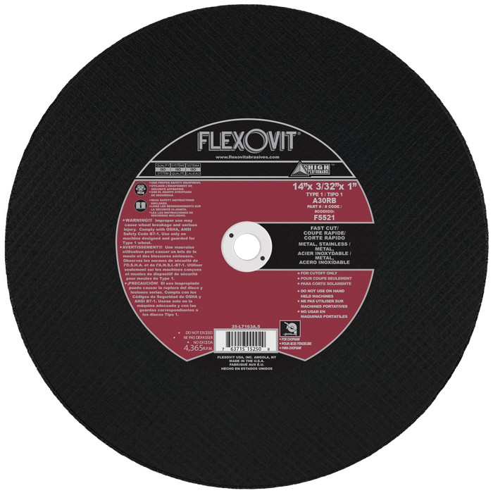 FLEXOVIT - 14" X 3/32" X 1" HIGH PERFORMANCE™ 30 GRIT ALUMINUM OXIDE GRAIN REINFORCED TYPE 1 CUT-OFF WHEEL - F5521