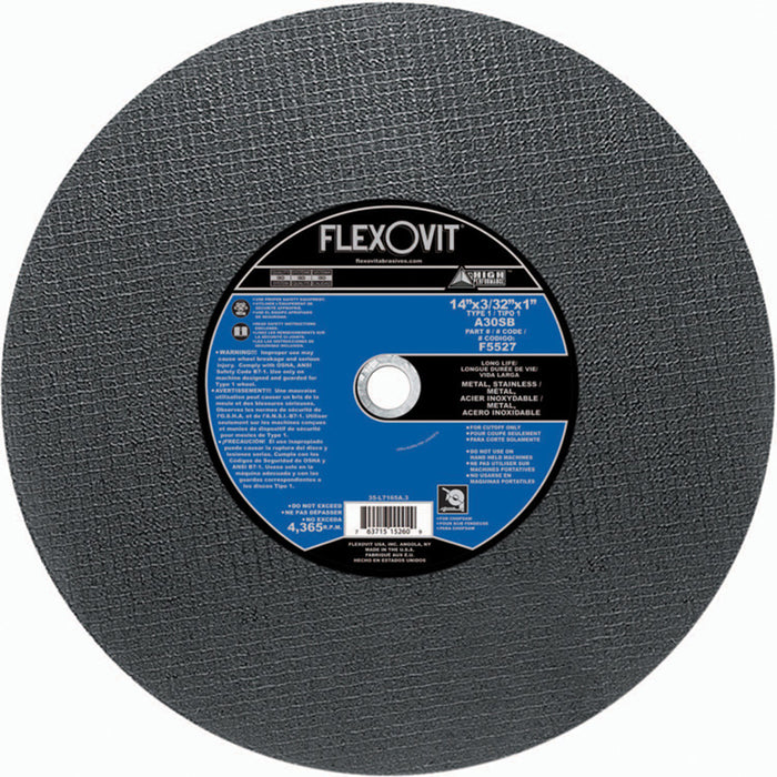 FLEXOVIT - 14" X 3/32" X 1" HIGH PERFORMANCE™ 30 GRIT ALUMINUM OXIDE GRAIN REINFORCED TYPE 1 CUT-OFF WHEEL - F5527