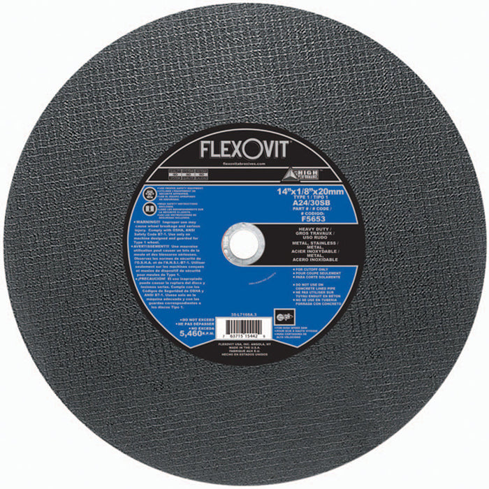 FLEXOVIT - 14" X 1/8" X 20 MM HIGH PERFORMANCE™ 24- GRIT ALUMINUM OXIDE GRAIN REINFORCED TYPE 1 CUT-OFF WHEEL - F5653