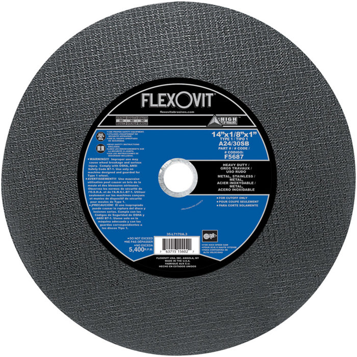 FLEXOVIT - 14" X 1/8" X 1" HIGH PERFORMANCE™ 24- GRIT ALUMINUM OXIDE GRAIN REINFORCED TYPE 1 CUT-OFF WHEEL - F5687
