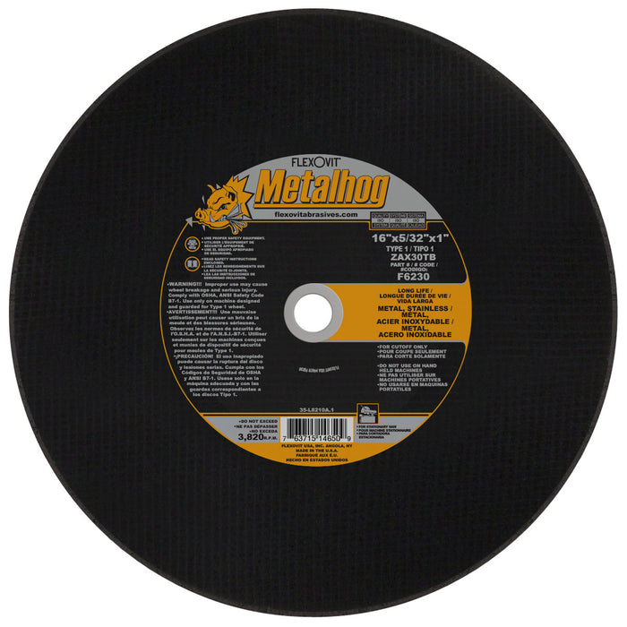 FLEXOVIT - 16" X 5/32" X 1" METALHOG™ 30 GRIT PREMIUM BLEND GRAIN REINFORCED TYPE 1 CUT-OFF WHEEL - F6230