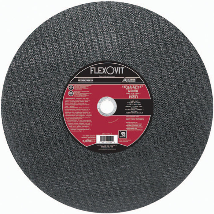 FLEXOVIT - 16" X 3/32" X 1" HIGH PERFORMANCE™ 30 GRIT ALUMINUM OXIDE GRAIN REINFORCED TYPE 1 CUT-OFF WHEEL - F6521