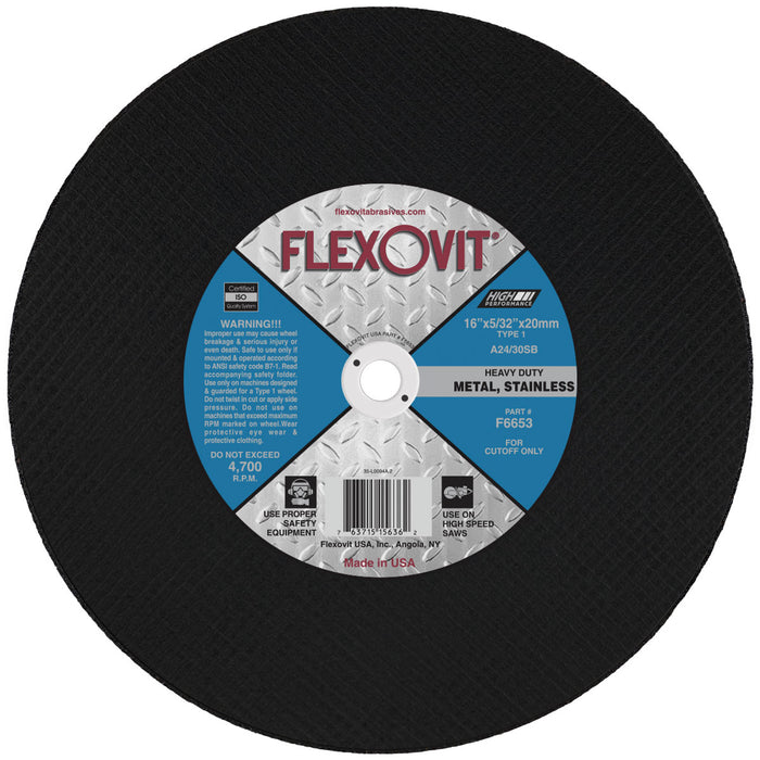 FLEXOVIT - 16" X 5/32" X 20 MM HIGH PERFORMANCE™ 24- GRIT ALUMINUM OXIDE GRAIN REINFORCED TYPE 1 CUT-OFF WHEEL - F6653