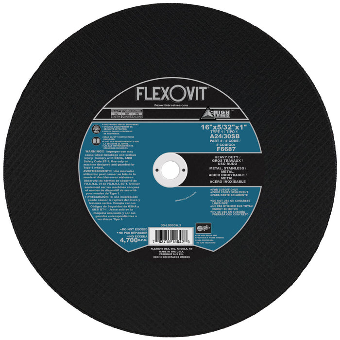 FLEXOVIT - 16" X 5/32" X 1" HIGH PERFORMANCE™ 24- GRIT ALUMINUM OXIDE GRAIN REINFORCED TYPE 1 CUT-OFF WHEEL - F6687