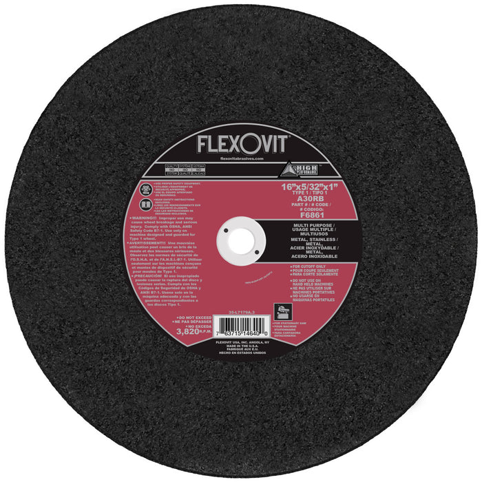FLEXOVIT - 16" X 5/32" X 1" HIGH PERFORMANCE™ 30 GRIT ALUMINUM OXIDE GRAIN REINFORCED TYPE 1 CUT-OFF WHEEL - F6861