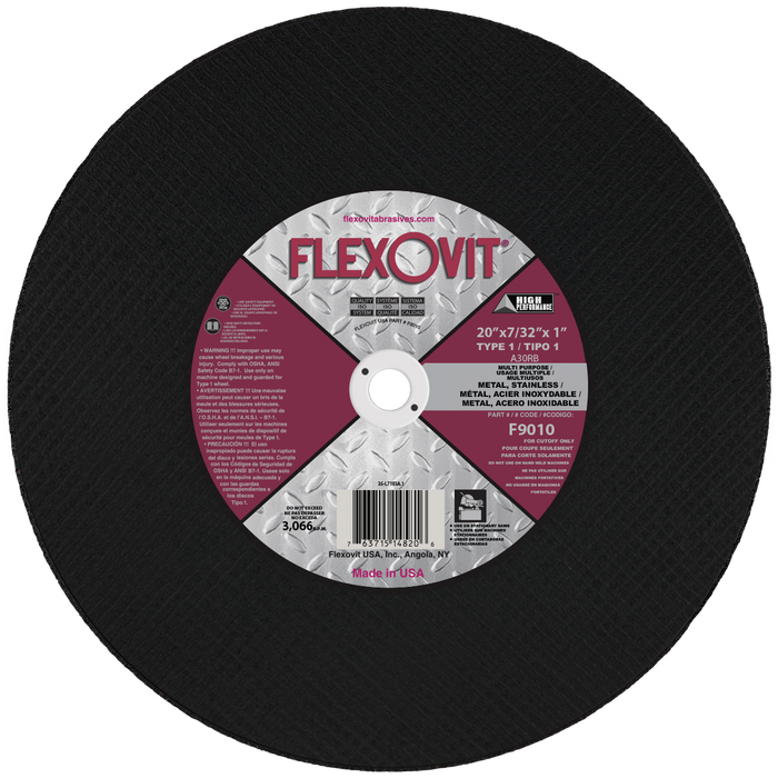 FLEXOVIT - 20" X 7/32" X 1" HIGH PERFORMANCE™ 30 GRIT ALUMINUM OXIDE GRAIN REINFORCED TYPE 1 CUT-OFF WHEEL - F9010