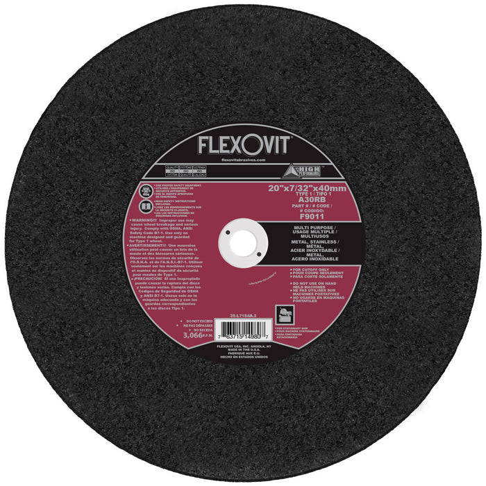 FLEXOVIT - 20" X 7/32" X 40 MM HIGH PERFORMANCE™ 30 GRIT ALUMINUM OXIDE GRAIN REINFORCED TYPE 1 CUT-OFF WHEEL - F9011