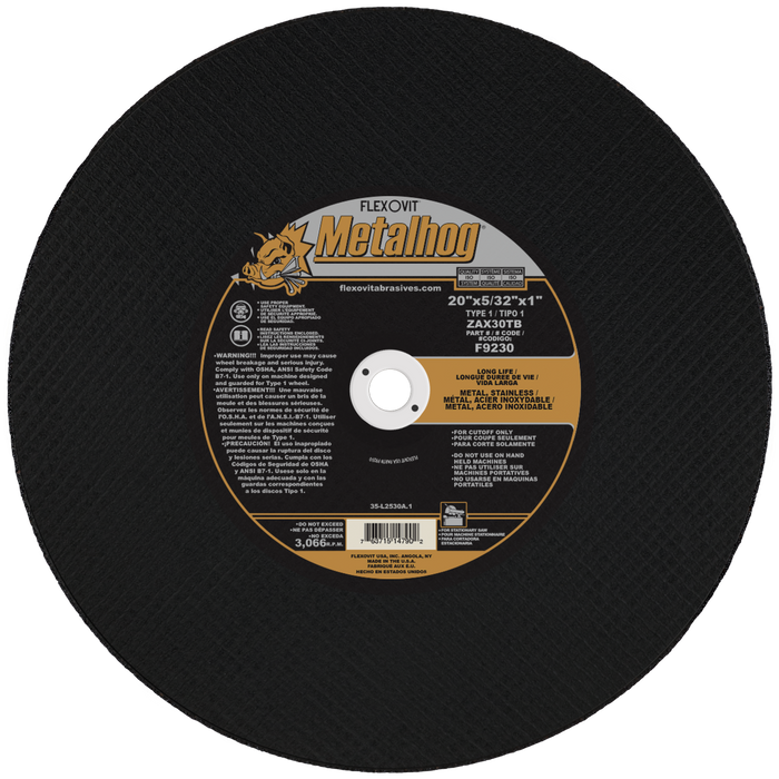 FLEXOVIT - 20" X 5/32" X 1" METALHOG™ 30 GRIT PREMIUM BLEND GRAIN REINFORCED TYPE 1 CUT-OFF WHEEL - F9230