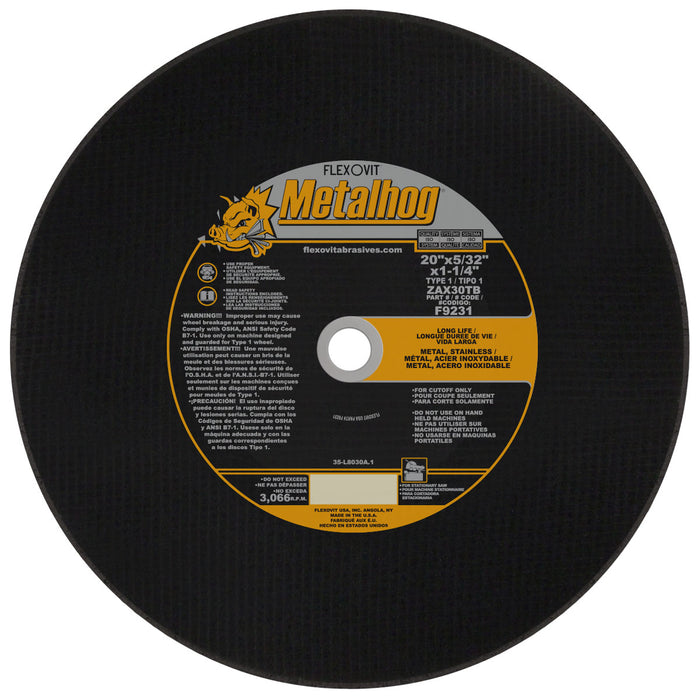 FLEXOVIT - 20" X 5/32" X 1-1/4" METALHOG™ 30 GRIT PREMIUM BLEND GRAIN REINFORCED TYPE 1 CUT-OFF WHEEL - F9231