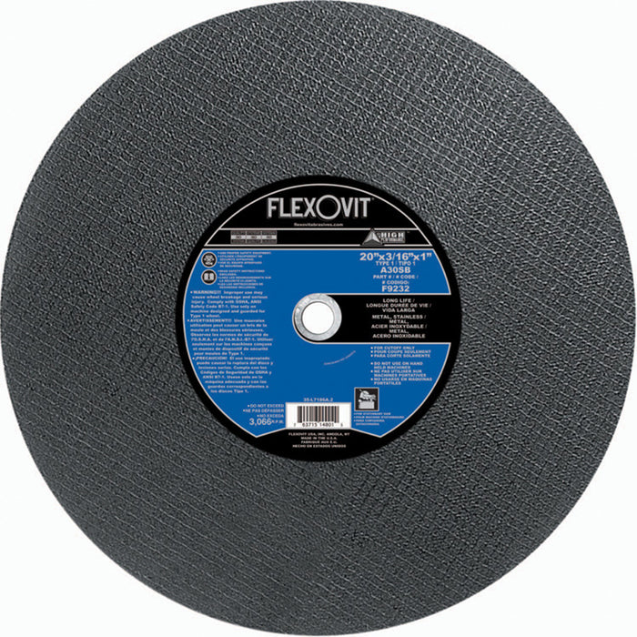 FLEXOVIT - 20" X 3/16" X 1" HIGH PERFORMANCE™ 30 GRIT ALUMINUM OXIDE GRAIN REINFORCED TYPE 1 CUT-OFF WHEEL - F9232