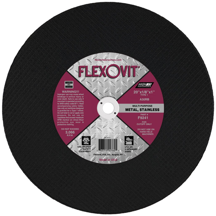 FLEXOVIT - 20" X 1/8" X 1" HIGH PERFORMANCE™ 30 GRIT ALUMINUM OXIDE GRAIN REINFORCED TYPE 1 CUT-OFF WHEEL - F9241