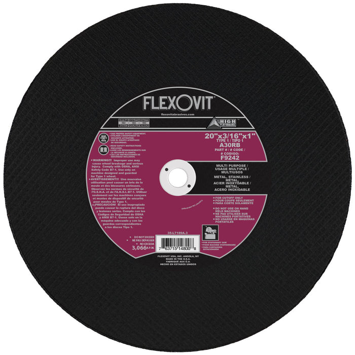 FLEXOVIT - 20" X 3/16" X 1" HIGH PERFORMANCE™ 30 GRIT ALUMINUM OXIDE GRAIN REINFORCED TYPE 1 CUT-OFF WHEEL - F9242