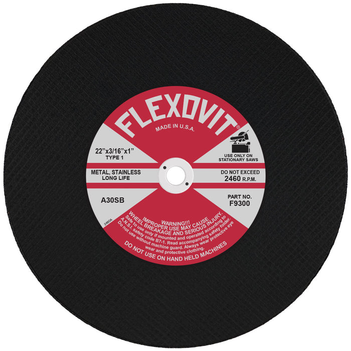 FLEXOVIT - 22" X 3/16" X 1" HIGH PERFORMANCE™ 30 GRIT ALUMINUM OXIDE GRAIN REINFORCED TYPE 1 CUT-OFF WHEEL - F9300