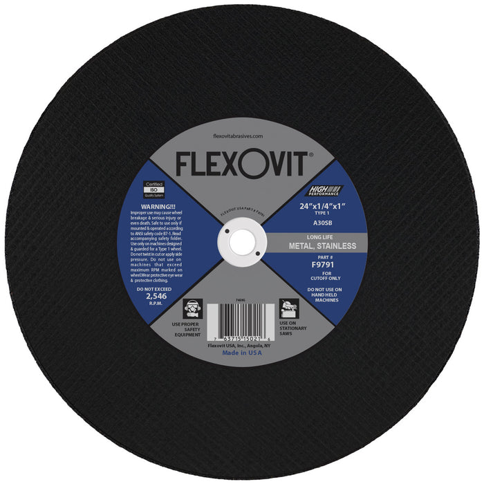 FLEXOVIT - 24" X 1/4" X 1" HIGH PERFORMANCE™ 30 GRIT ALUMINUM OXIDE GRAIN REINFORCED TYPE 1 CUT-OFF WHEEL - F9791