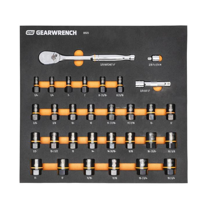 GEARWRENCH - 31 PIECE 3/8" DRIVE 90T RATCHET AND BOLT BITER™ SOCKET SET WITH FOAM STORAGE TRAY - 86525