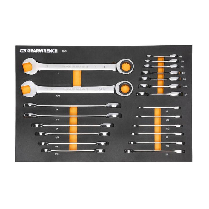 GEARWRENCH - 21 PIECE 72-TOOTH 12 POINT SAE STANDARD AND STUBBY COMBINATION RATCHETING WRENCH SET WITH FOAM STORAGE TRAY - 86526