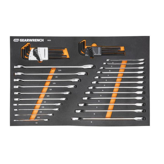 GEARWRENCH - 44 PIECE 90T SAE/METRIC COMBINATION RATCHETING WRENCH & LONG ARM HEX KEY SET WITH FOAM STORAGE TRAY - 86528