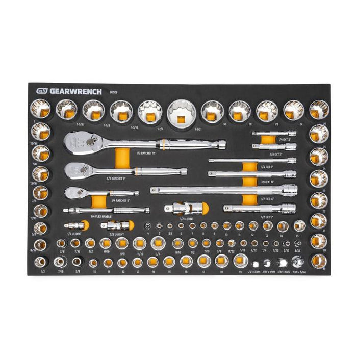 GEARWRENCH - 83 PIECE 1/4", 3/8" & 1/2" DRIVE 90-TOOTH SAE/METRIC MECHANICS TOOL SET WITH FOAM STORAGE TRAY - 86529