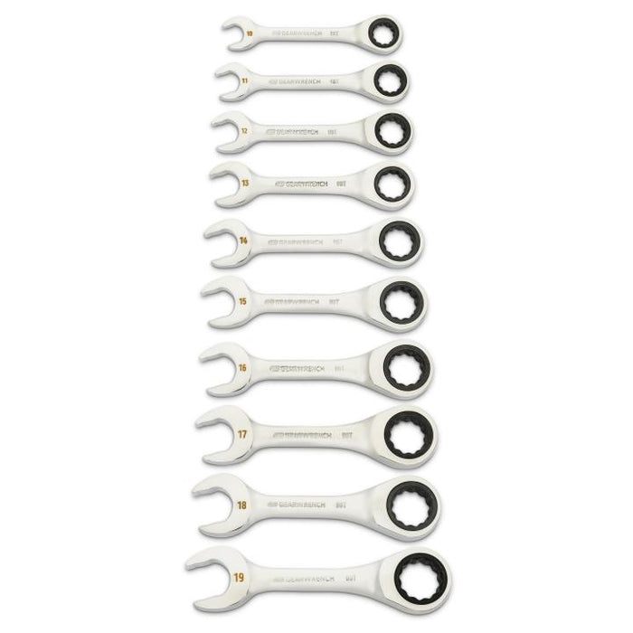 GEARWRENCH - 10 PIECE 90-TOOTH 12 POINT METRIC STUBBY RATCHETING COMBINATION WRENCH SET - 86850