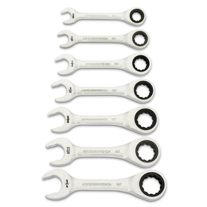 GEARWRENCH - 7 PIECE 90-TOOTH 12 POINT SAE STUBBY RATCHETING COMBINATION WRENCH SET - 86858
