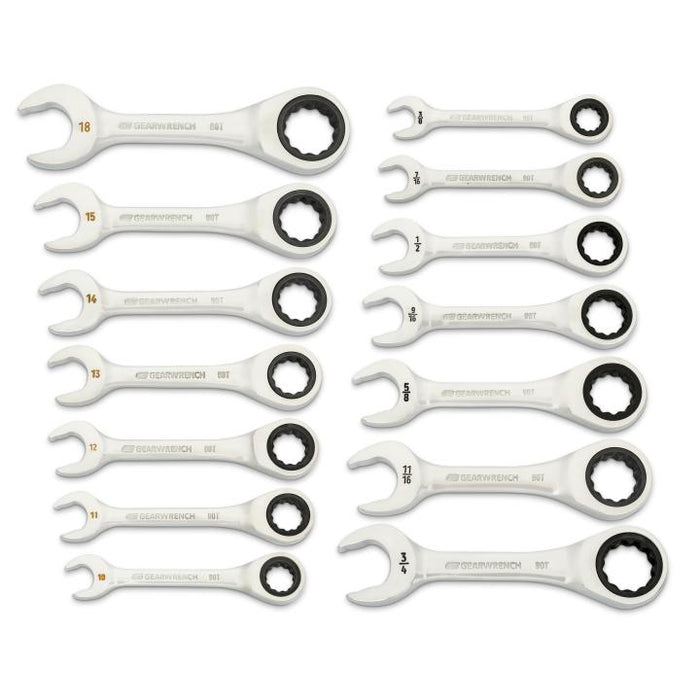 GEARWRENCH - 14 PIECE 90-TOOTH 12 POINT SAE/METRIC STUBBY RATCHETING COMBINATION WRENCH SET - 86859