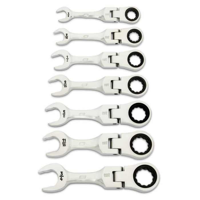 GEARWRENCH - 7 PIECE 90-TOOTH 12 POINT SAE STUBBY FLEX RATCHETING COMBINATION WRENCH SET - 86878