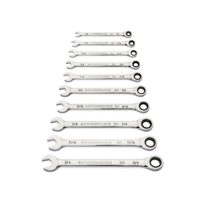 GEARWRENCH - 10 PIECE 90-TOOTH 12 POINT SAE COMBINATION RATCHETING WRENCH SET - 86958