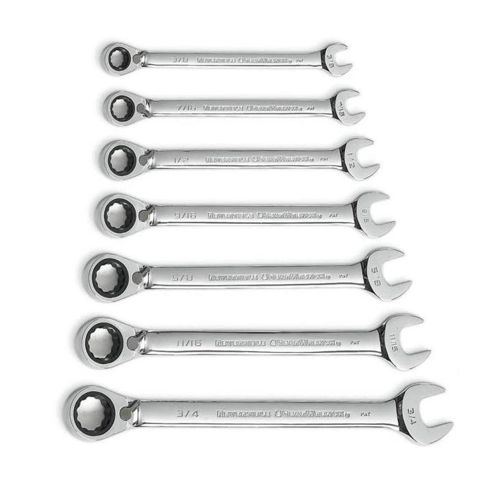GEARWRENCH - 7 PIECE 72-TOOTH 12 POINT REVERSIBLE RATCHETING COMBINATION SAE WRENCH SET WITH TOOL ROLL - 9567RN