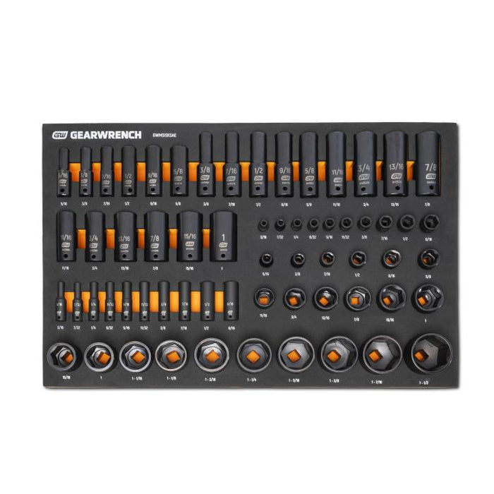 GEARWRENCH - 63 PIECE 1/4”, 3/8”, 1/2” DRIVE 6 POINT SAE IMPACT SOCKET SET IN FOAM STORAGE TRAY - GWMSISKSAE