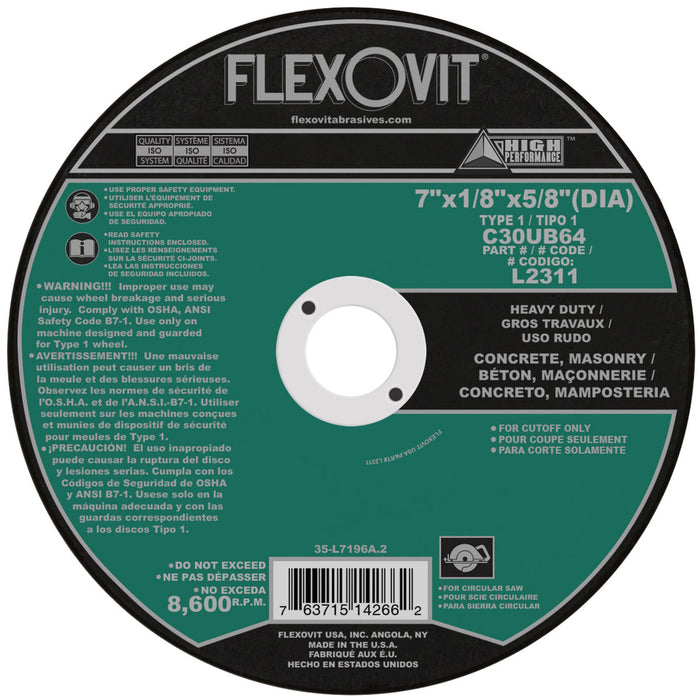 FLEXOVIT - 7" X 1/8" X 5/8" (DIA) HIGH PERFORMANCE™ CONCRETE 30 GRIT SILICON CARBIDE GRAIN REINFORCED TYPE 1 CUT-OFF WHEEL - L2311