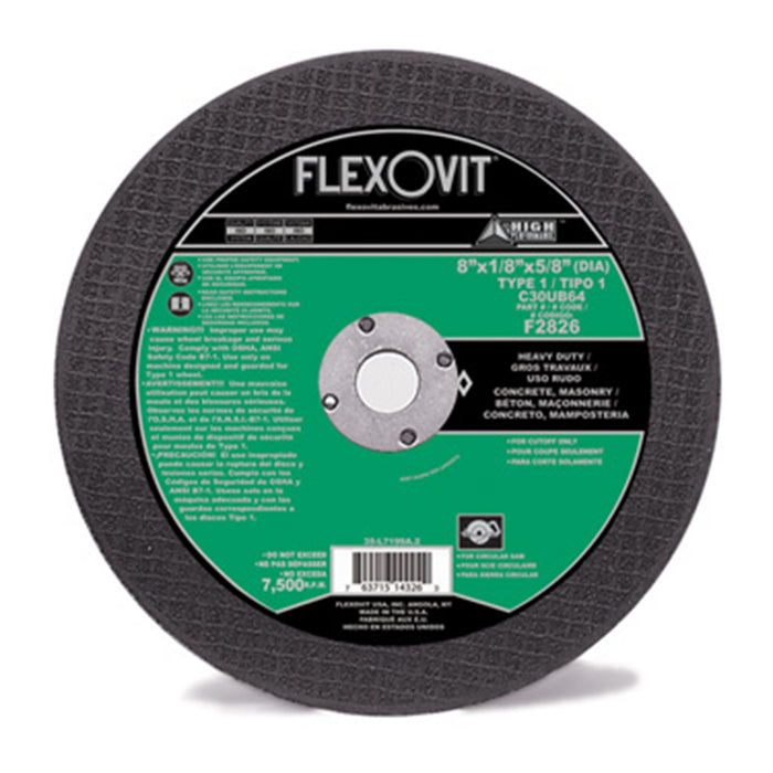 FLEXOVIT - 8" X 1/8" X 5/8" (DIA) HIGH PERFORMANCE™ CONCRETE 30 GRIT SILICON CARBIDE GRAIN REINFORCED TYPE 1 CUT-OFF WHEEL - L2826