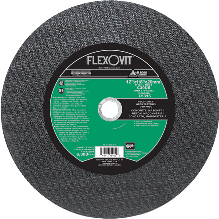 FLEXOVIT - 12" X 1/8" X 20 MM HIGH PERFORMANCE™ 30 GRIT SILICON CARBIDE GRAIN REINFORCED TYPE 1 CUT-OFF WHEEL - L5315